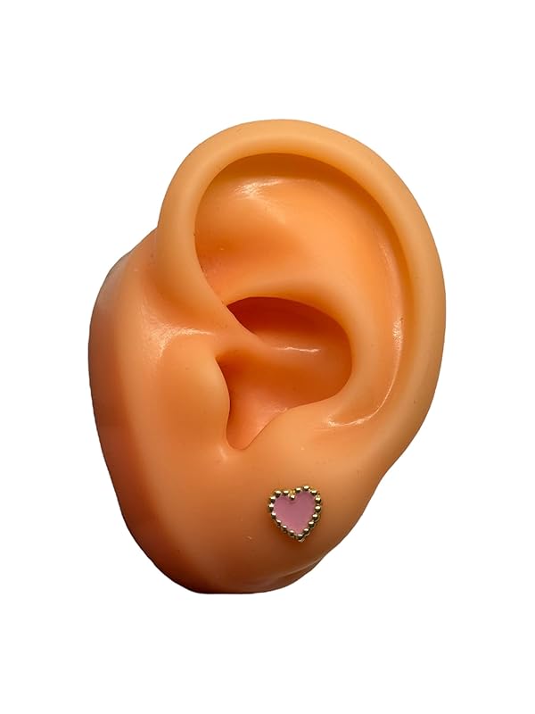 Broquel O Arete Corazon Esmaltado En Oro 10k Garantizado (Rosa)