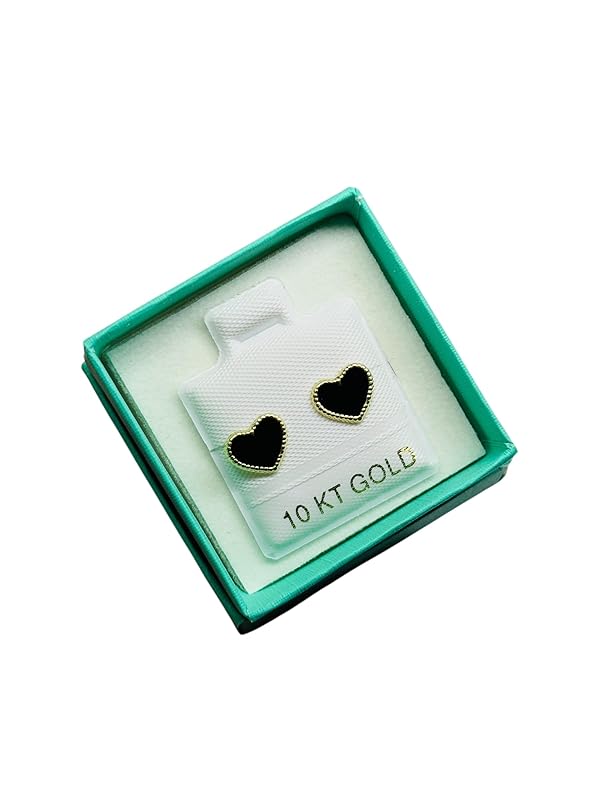 Broquel o Arete Corazon Esmaltado Negro en Oro 10K Garantizado - Angeles Joyas