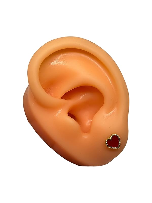 Broquel O Arete Corazon Esmaltado En Oro 10k Garantizado (Rojo)