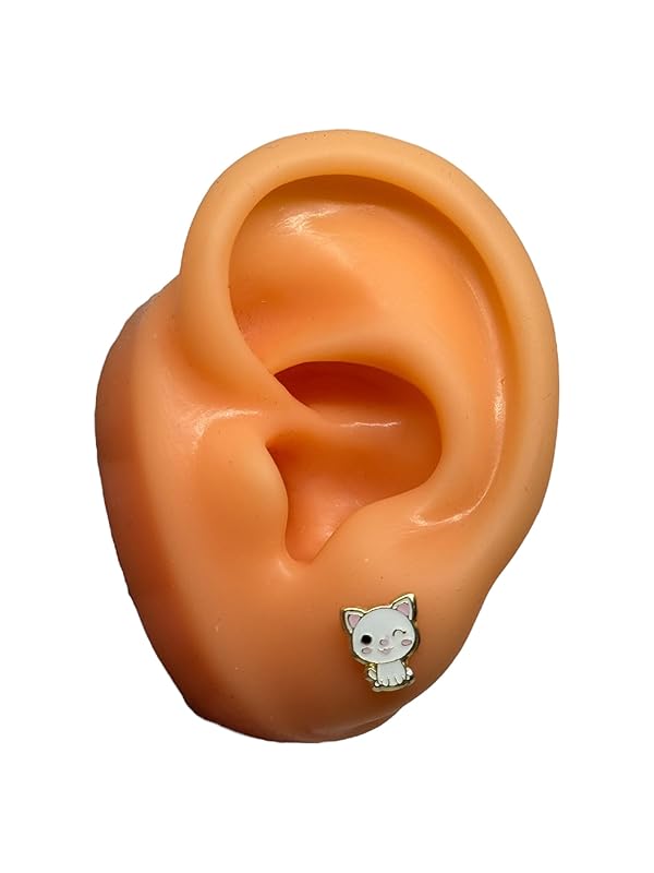 Broquel O Arete Gato Blanco Esmaltado En Oro 10k Garantizado