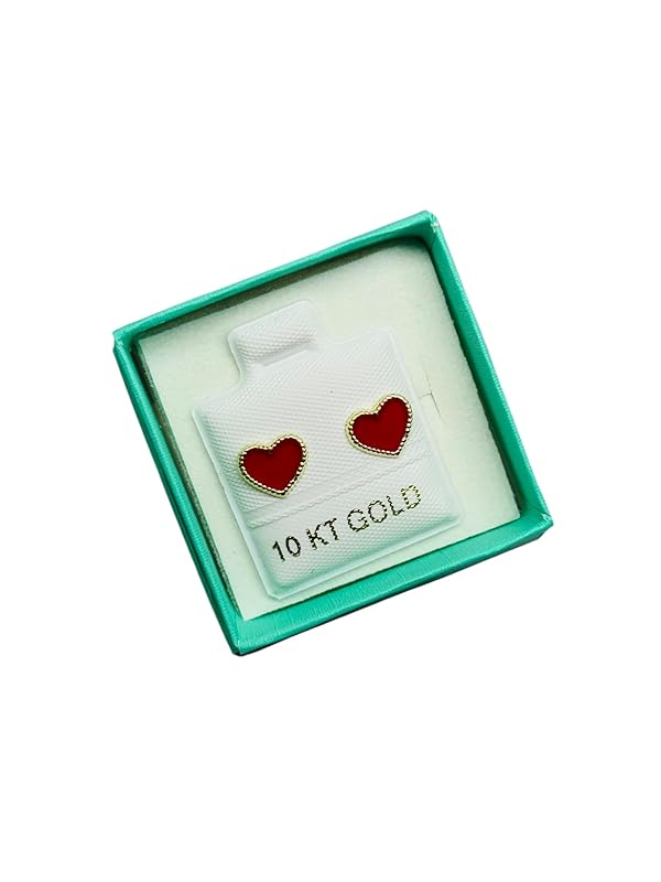 Broquel o Arete Corazon Esmaltado Rojo en Oro 10K Garantizado - Angeles Joyas