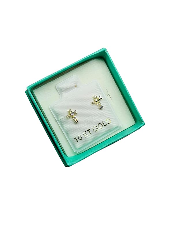 Broquel o Arete Cruz Fina Con Zirconias en Oro 10K Garantizado - Angeles Joyas