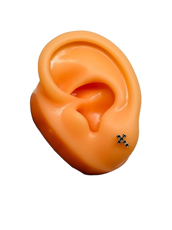 Broquel o Arete Cruz Fina Negro Con Zirconias en Oro 10K Garantizado - Angeles Joyas