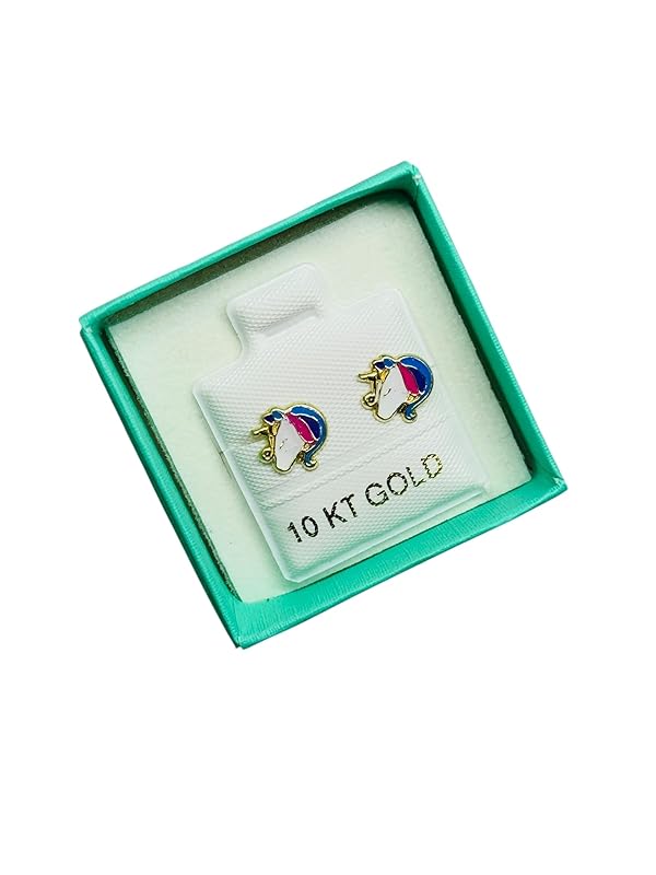 Broquel o Arete Unicornio Esmaltado en Oro 10K Garantizado - Angeles Joyas