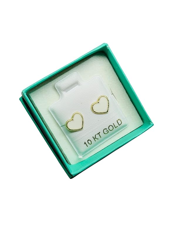 Broquel o Arete Corazon Blanco Esmaltado en Oro 10K Garantizado - Angeles Joyas