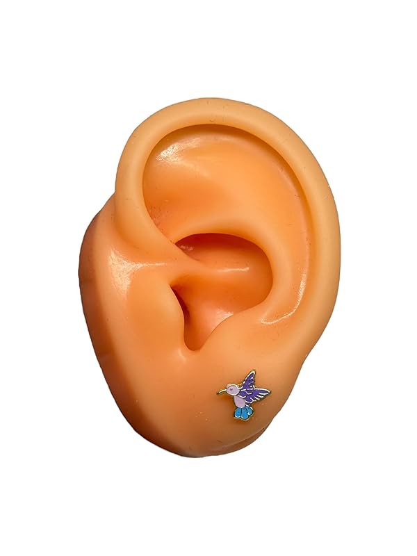 Broquel O Arete Colibrí Esmaltado En Oro 10k Garantizado - Lila