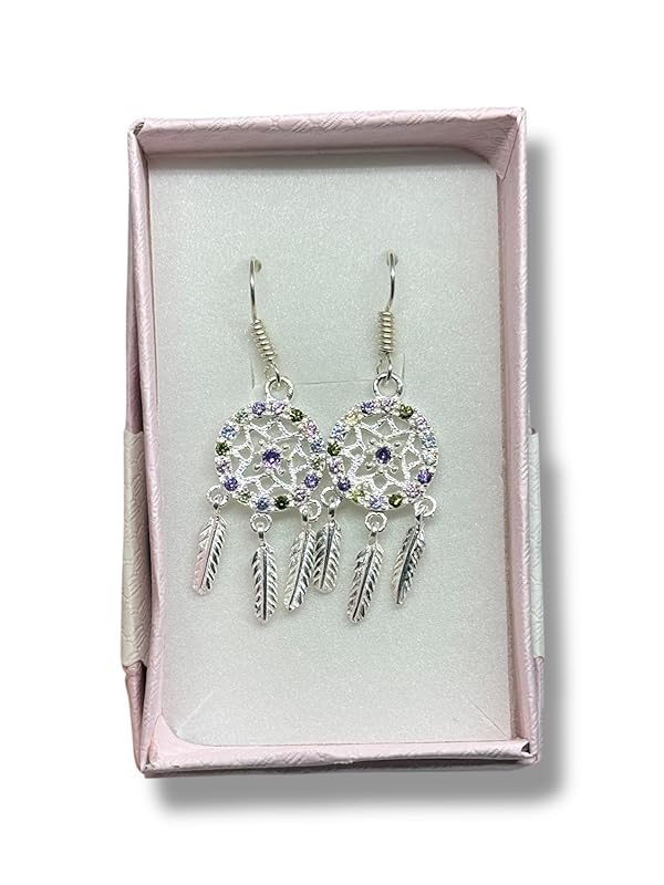 Arete Gancho Largo Atrapasueños Con Zirconias En Plata 925 - Angeles Joyas (Colores)