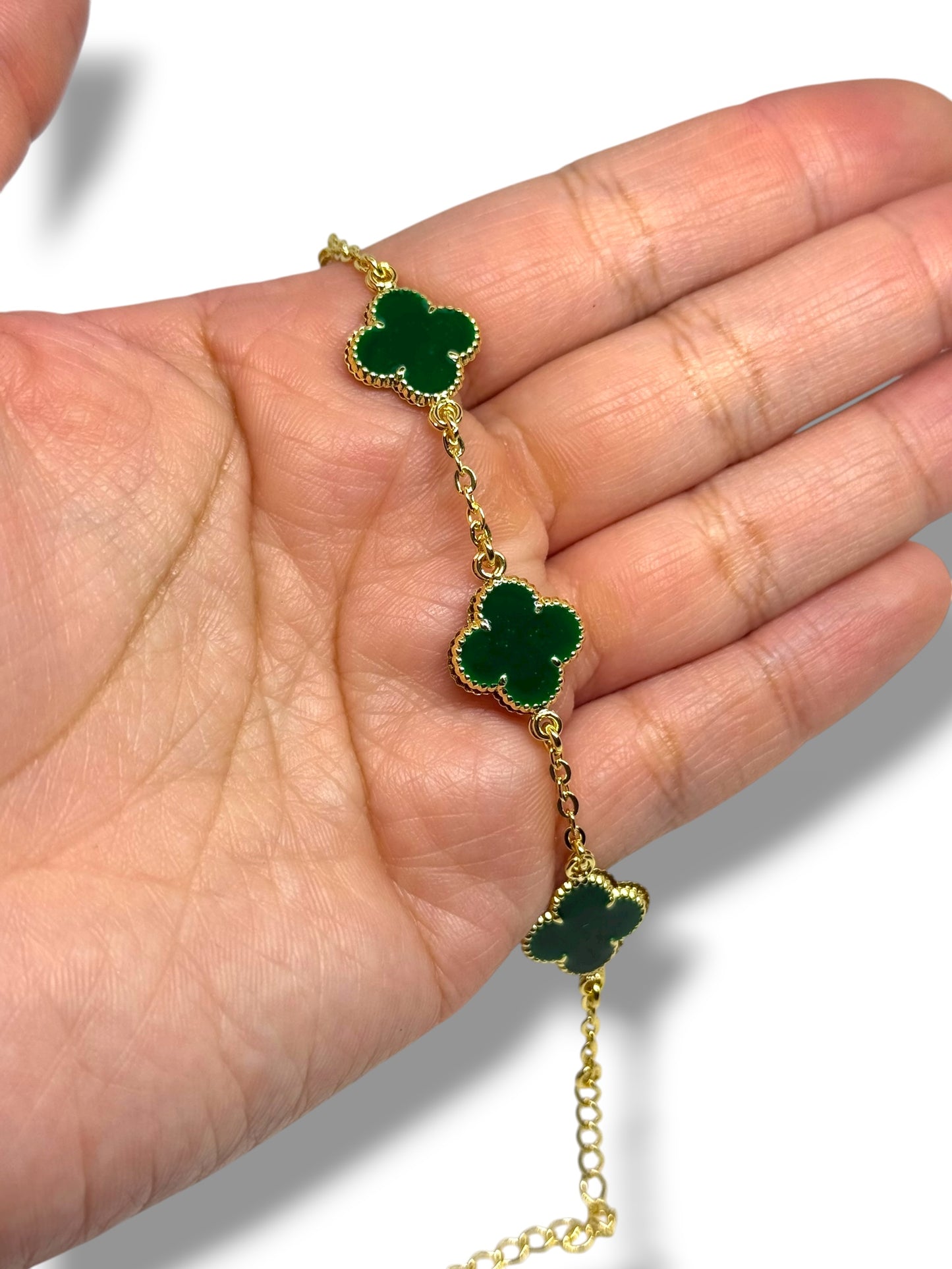 Pulsera Ajustable Flor Marca Trébol Chapa Oro Laminado 14k (Verde)
