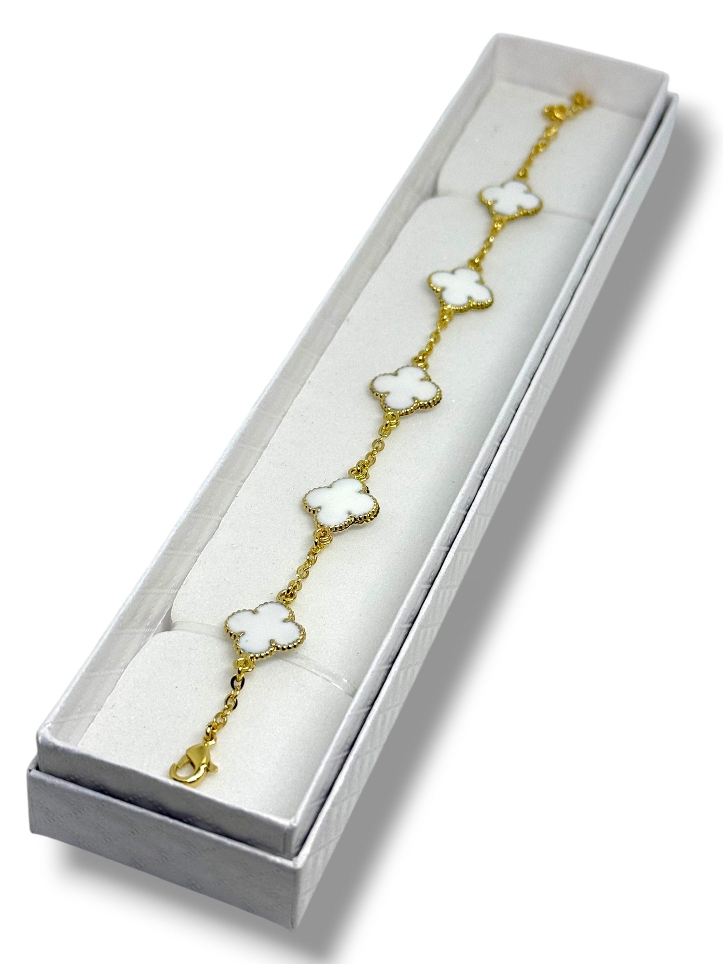 Pulsera Ajustable Flor Marca Trébol Chapa Oro Laminado 14k (Blanco)
