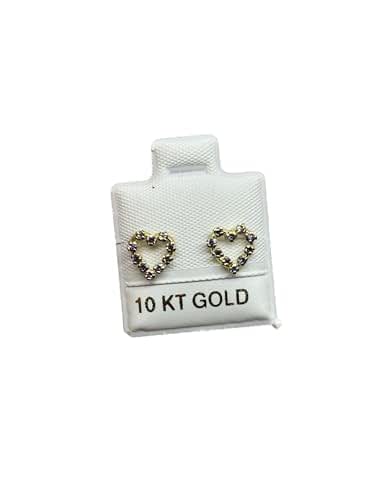 Broquel o Arete Corazon Contorno con Zirconias en Oro 10K Garantizado - Morado