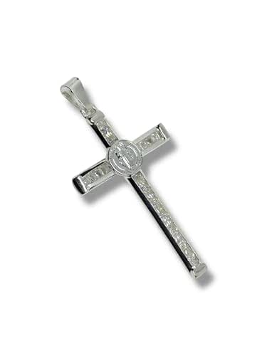 Dije De Cruz Con San Benito Y Zirconias En Plata 925 T#g- Angeles Joyas