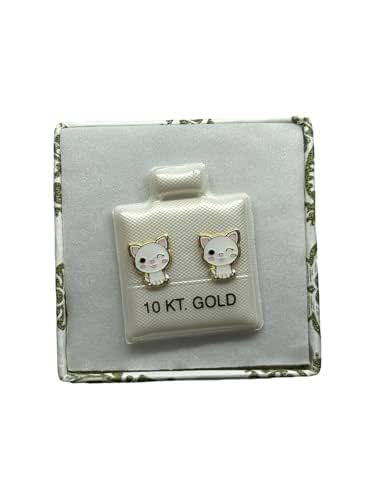 Broquel O Arete Gato Blanco Esmaltado En Oro 10k Garantizado