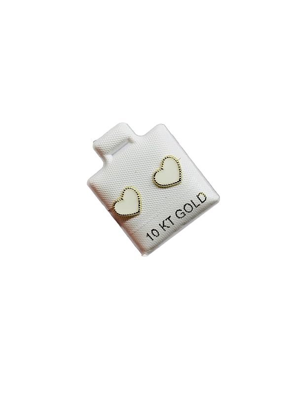 Broquel o Arete Corazon Blanco Esmaltado en Oro 10K Garantizado - Angeles Joyas