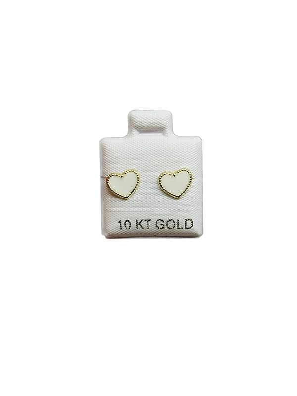 Broquel o Arete Corazon Blanco Esmaltado en Oro 10K Garantizado - Angeles Joyas