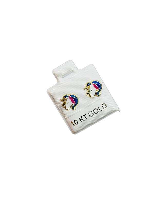 Broquel o Arete Unicornio Esmaltado en Oro 10K Garantizado - Angeles Joyas