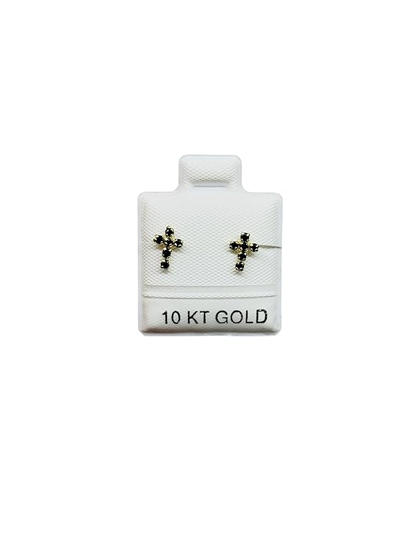 Broquel o Arete Cruz Fina Negro Con Zirconias en Oro 10K Garantizado - Angeles Joyas