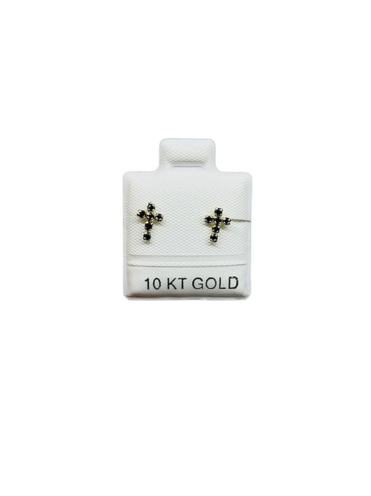 Broquel o Arete Cruz Fina Negro Con Zirconias en Oro 10K Garantizado - Angeles Joyas