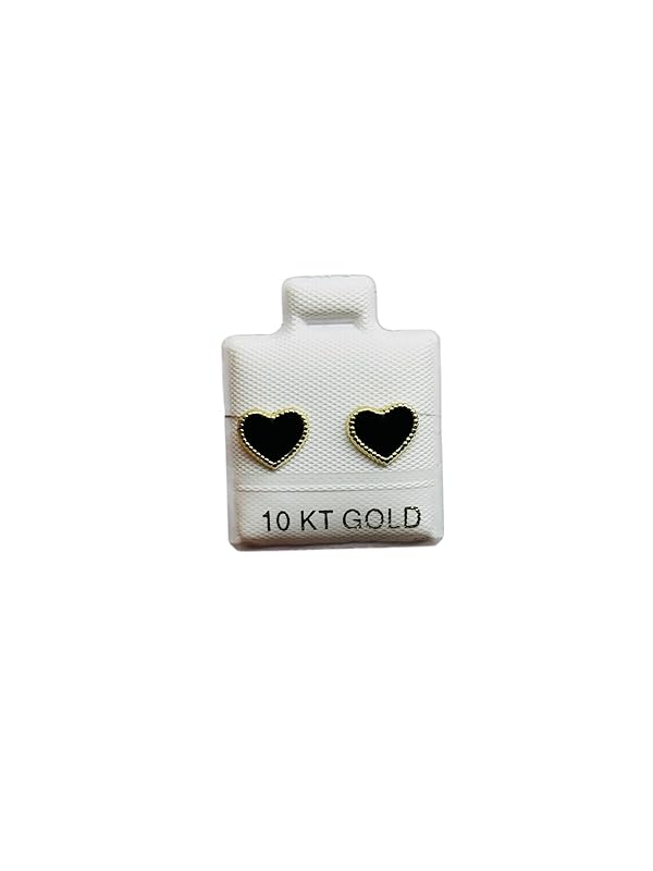 Broquel o Arete Corazon Esmaltado Negro en Oro 10K Garantizado - Angeles Joyas