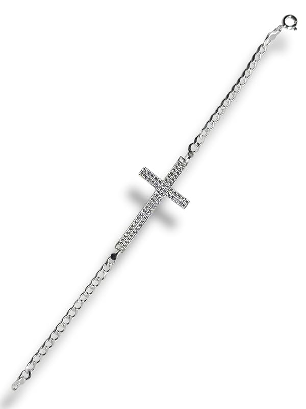 Pulsera De Cruz Con Zirconias En Plata 925 Garantizado 18cm - Angeles Joyas