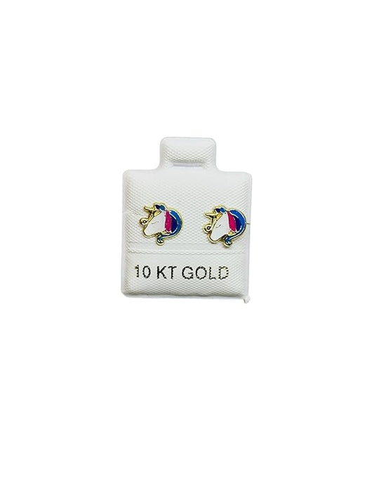 Broquel o Arete Unicornio Esmaltado en Oro 10K Garantizado - Angeles Joyas