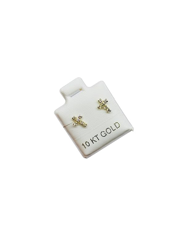 Broquel o Arete Cruz Fina Con Zirconias en Oro 10K Garantizado - Angeles Joyas