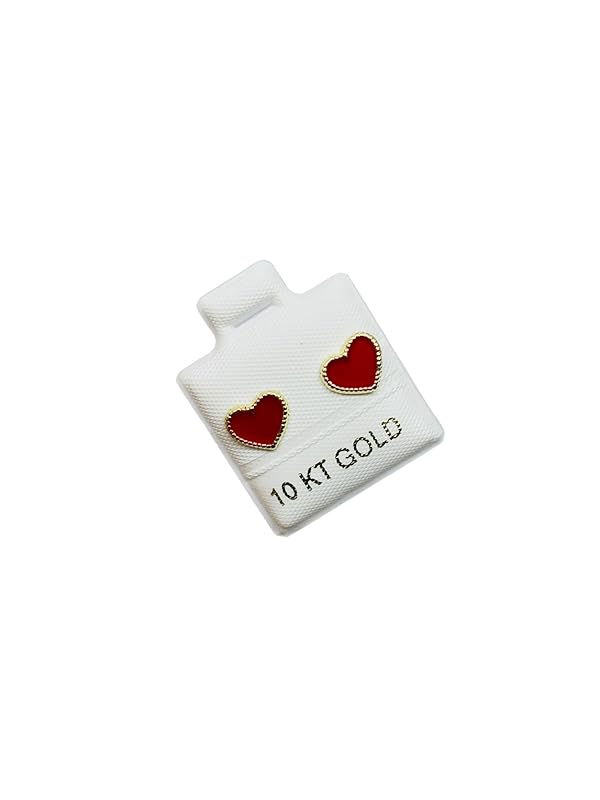 Broquel o Arete Corazon Esmaltado Rojo en Oro 10K Garantizado - Angeles Joyas