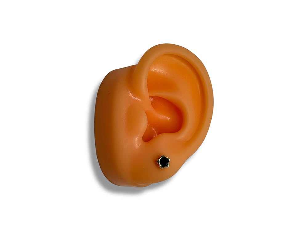 Broquel O Arete Flor Biselada Zirconia Oro 10k Garantizado - Angeles Joyas Negro