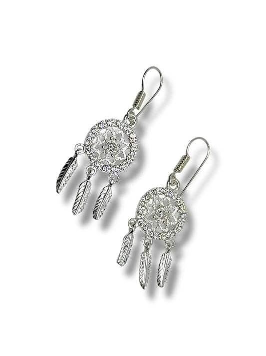 Arete Gancho Largo Atrapasueños Con Zirconias En Plata 925 - Angeles Joyas