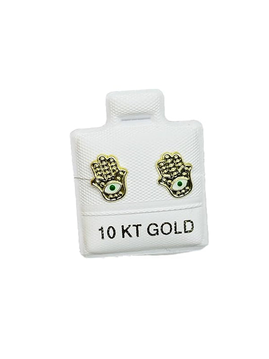 Broquel Arete Mano de Fatima Ojo Verde en Oro 10K Garantizado - Angeles Joyas