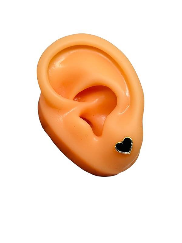 Broquel o Arete Corazon Esmaltado Negro en Oro 10K Garantizado - Angeles Joyas