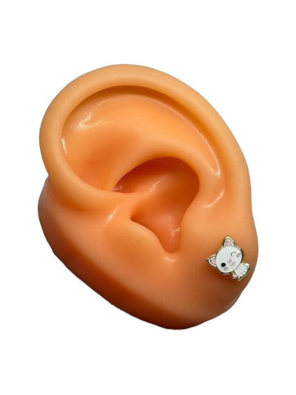 Broquel O Arete Gato Blanco Esmaltado En Oro 10k Garantizado