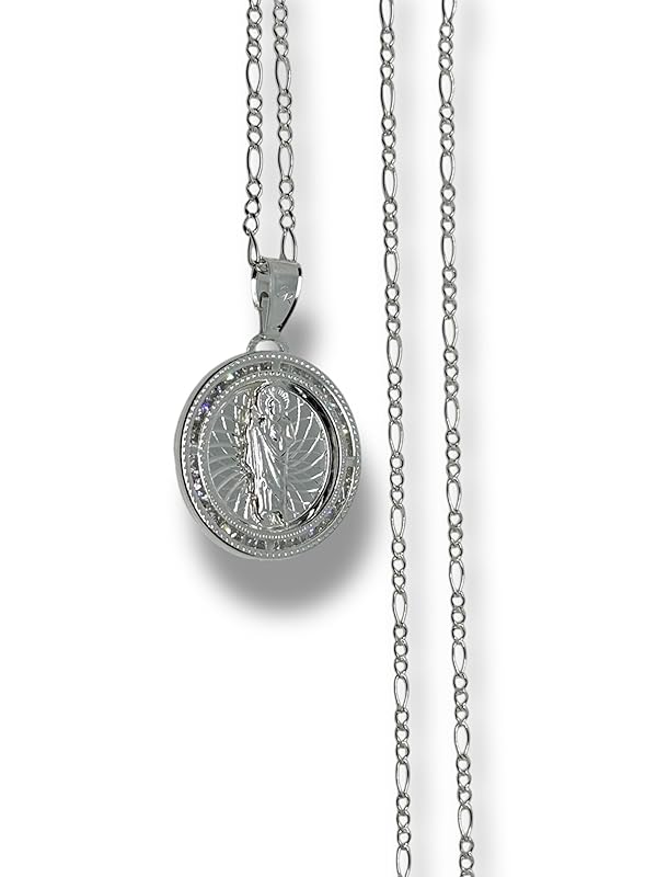 Dije Medalla De San Judas Con Cadena Zirconia Plata 925 - Angeles Joyas (Circular)