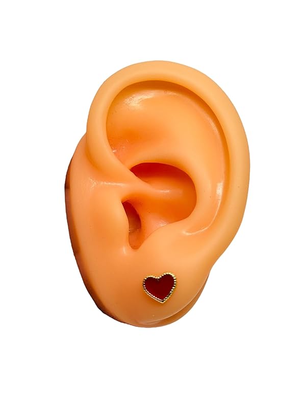 Broquel o Arete Corazon Esmaltado Rojo en Oro 10K Garantizado - Angeles Joyas