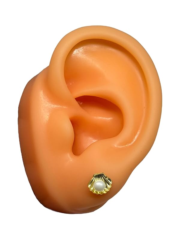 Broquel O Arete Concha Estrella Mar Perla Oro 10k Garantizado - Angeles Joyas