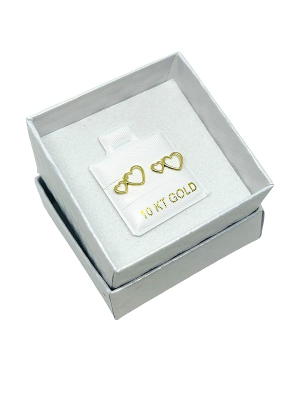 Broquel o Arete Doble Corazon Contorno en Oro 10K Garantizado - Angeles Joyas