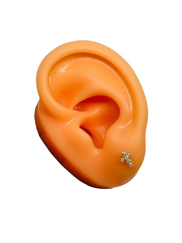 Broquel o Arete Cruz Fina Con Zirconias en Oro 10K Garantizado - Angeles Joyas