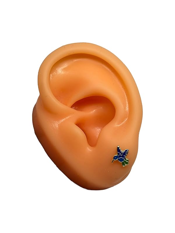 Broquel O Arete Colibrí Esmaltado En Oro 10k Garantizado - Azul