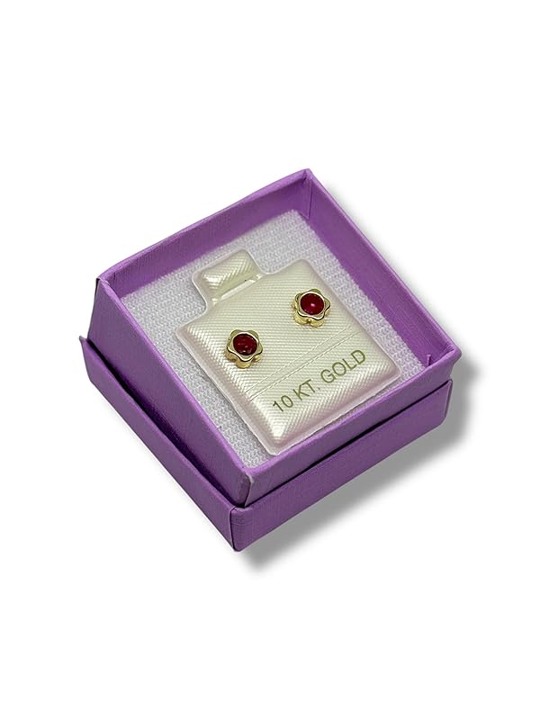 Broquel O Arete Flor Biselada Zirconia Oro 10k Garantizado- Angeles Joyas Rojo