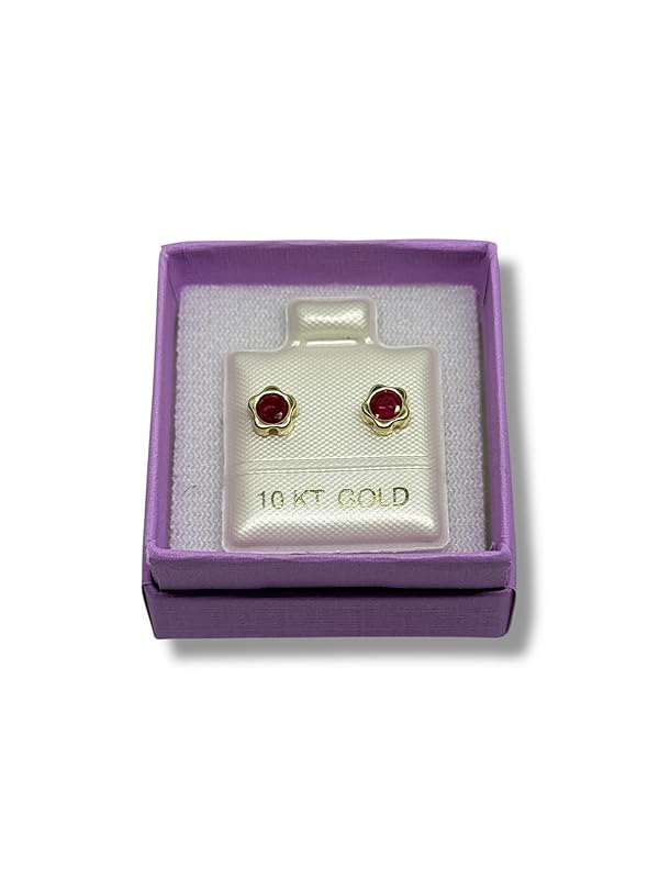Broquel O Arete Flor Biselada Zirconia Oro 10k Garantizado- Angeles Joyas Rojo