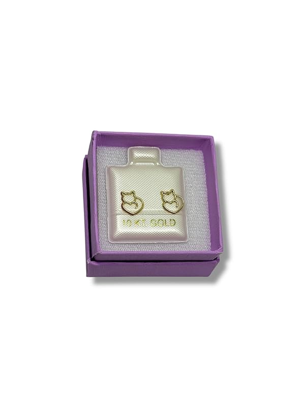 Broquel O Arete Gato Contorno Corazon En Oro 10k Garantizado - Angeles Joyas