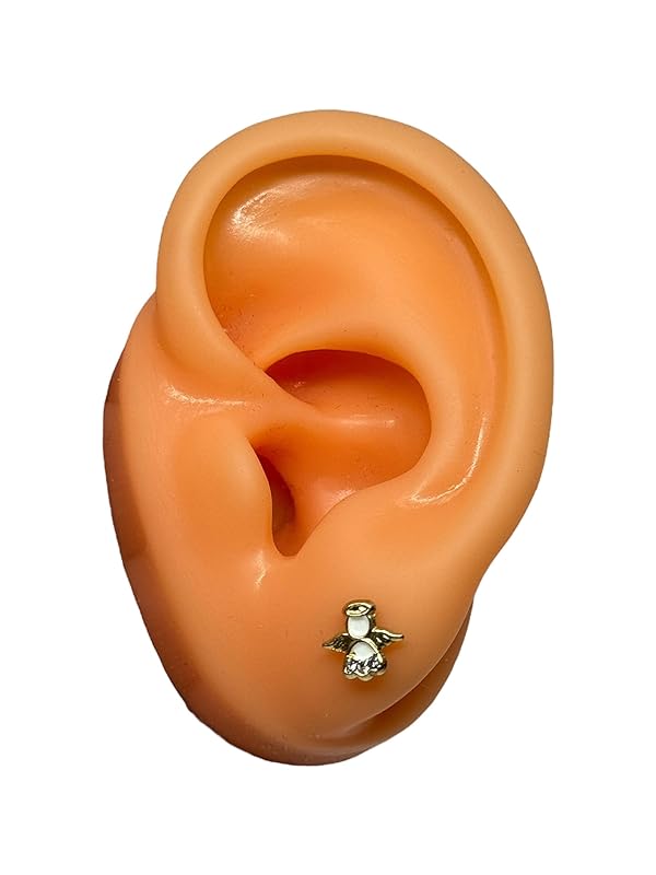 Broquel O Arete de Angel Esmaltado En Oro 10k Garantizado (Blanco)