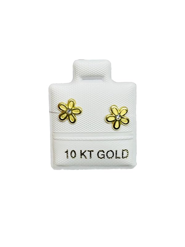 Broquel Arete Flor Margarita con Zirconia en Oro 10K Garantizado - Angeles Joyas