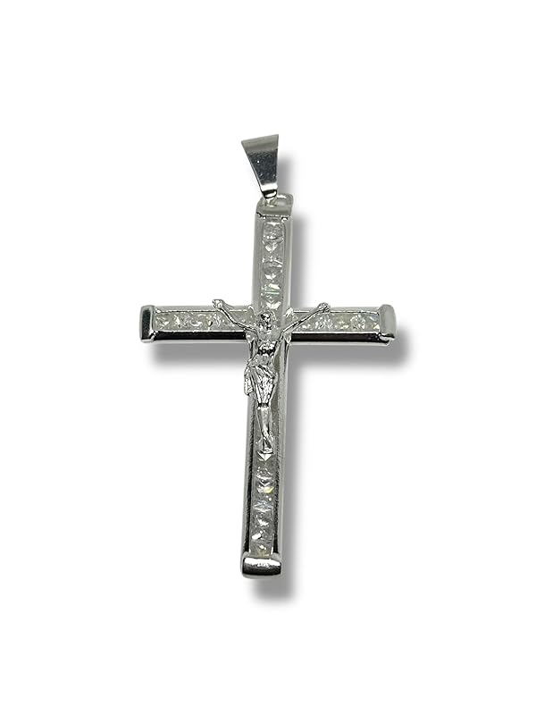 Dije De Cruz Con Cristo Y Zirconias En Plata 925 T#g - Angeles Joyas