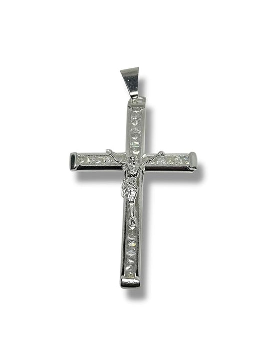 Dije De Cruz Con Cristo Y Zirconias En Plata 925 T#g - Angeles Joyas
