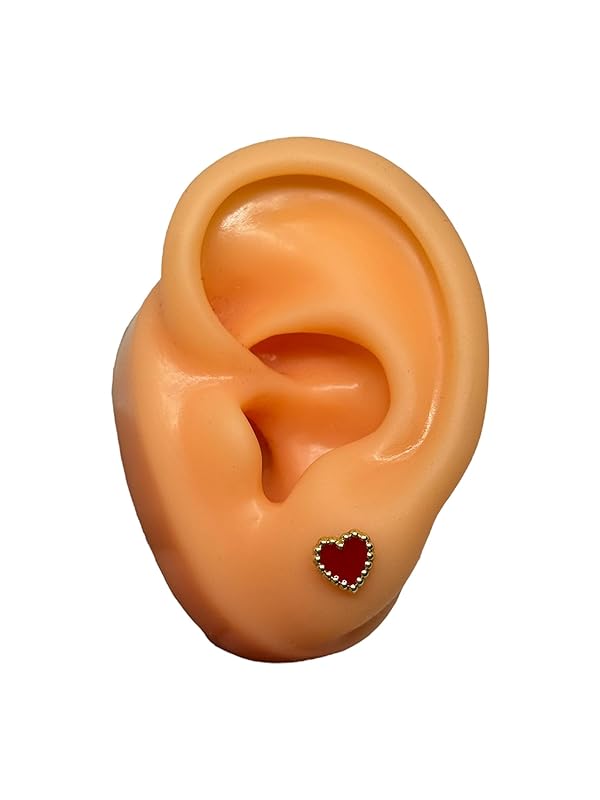 Broquel O Arete Corazon Esmaltado En Oro 10k Garantizado (Rojo)