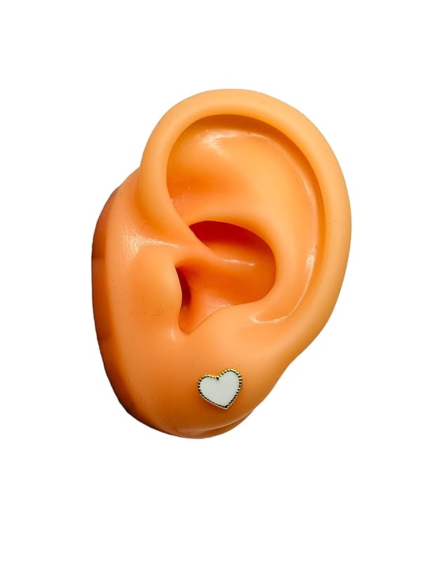 Broquel o Arete Corazon Blanco Esmaltado en Oro 10K Garantizado - Angeles Joyas