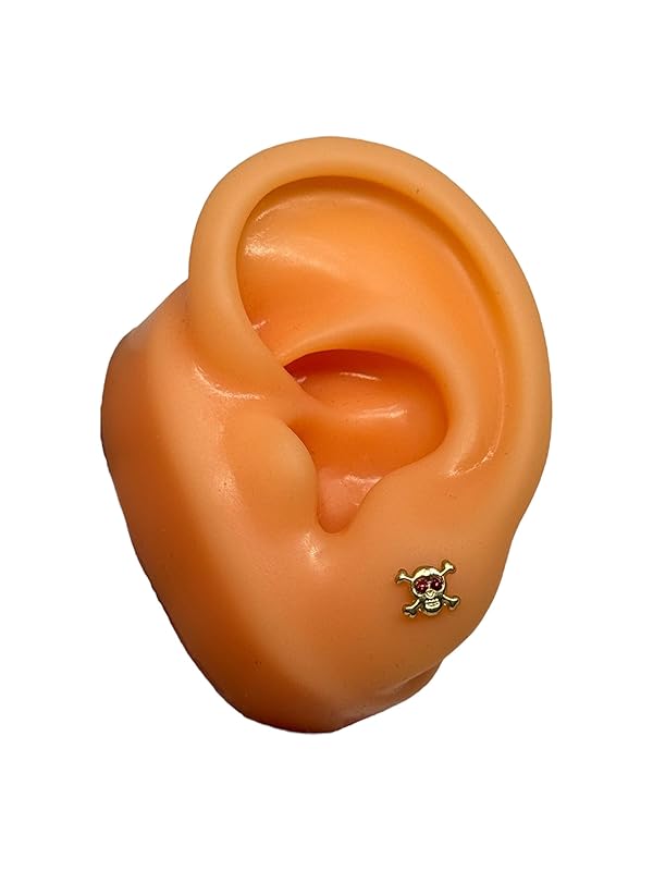 Broquel Arete Calavera Zirconia Roja en Oro 10K Garantizado - Angeles Joyas