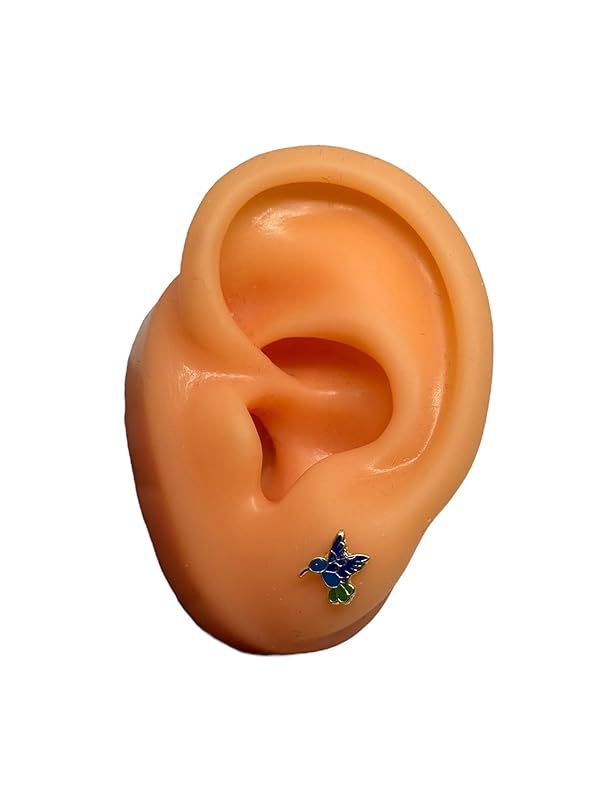 Broquel O Arete Colibrí Esmaltado En Oro 10k Garantizado - Azul