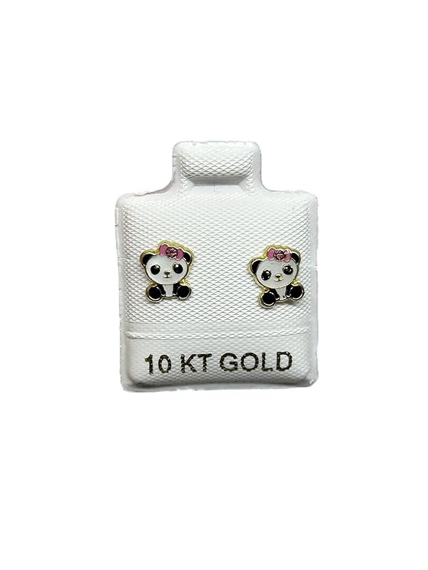 Broquel Arete Esmaltado Panda Tierno Oro 10K Garantizado