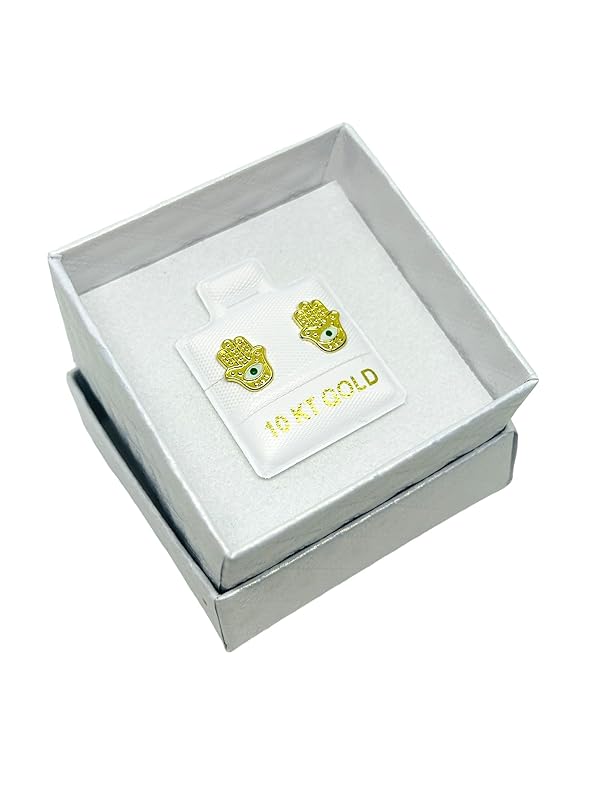 Broquel Arete Mano de Fatima Ojo Verde en Oro 10K Garantizado - Angeles Joyas